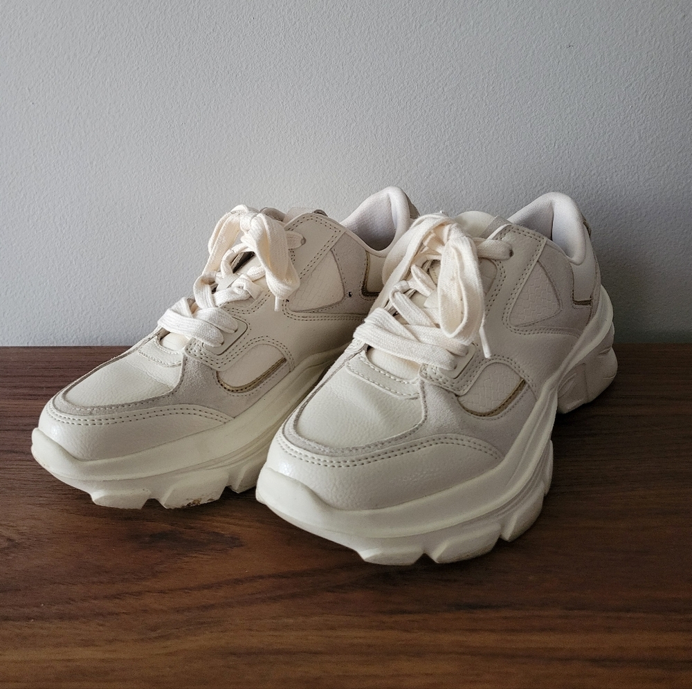ZARA off white chunky sole sneakers with gold accents